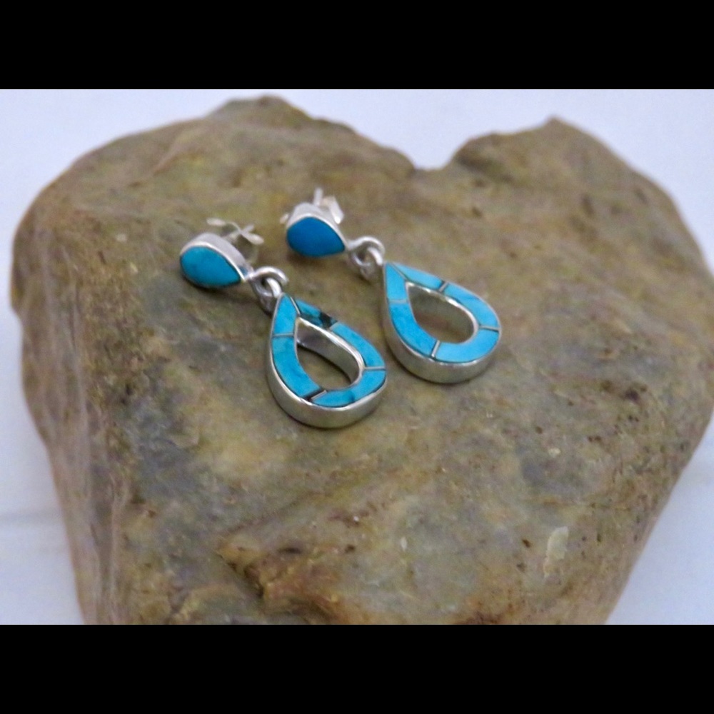 Solid Sterling Silver Inlay Turquoise Teardrop Earrings